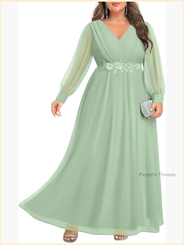 Plus Size Long Sleeve Chiffon Maxi Dress Applique Waist Formal Evening Gown